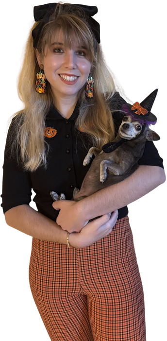 Dani and her little dog dressed for Halloween