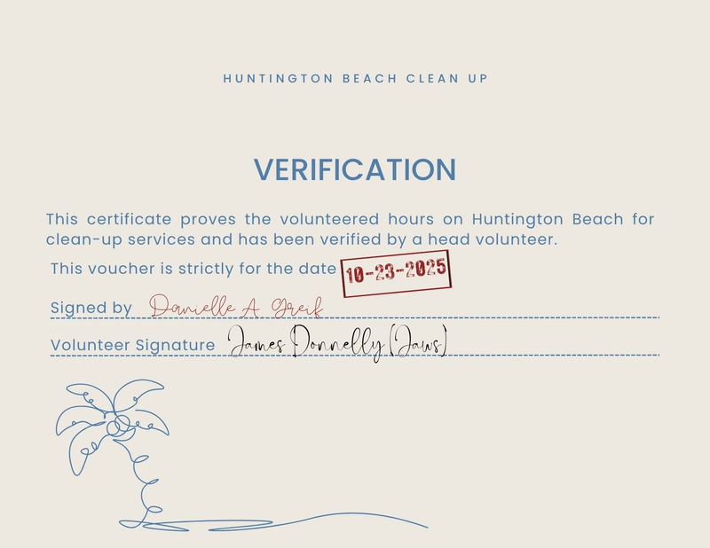 Beach clean-up volunteer certificate, back