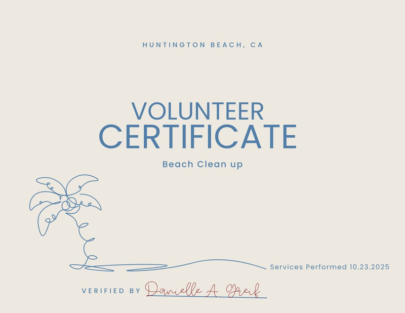 Beach clean-up volunteer certificate, front