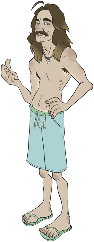 Jim "Jaws" Donnelly character concept, shirtless with jammers