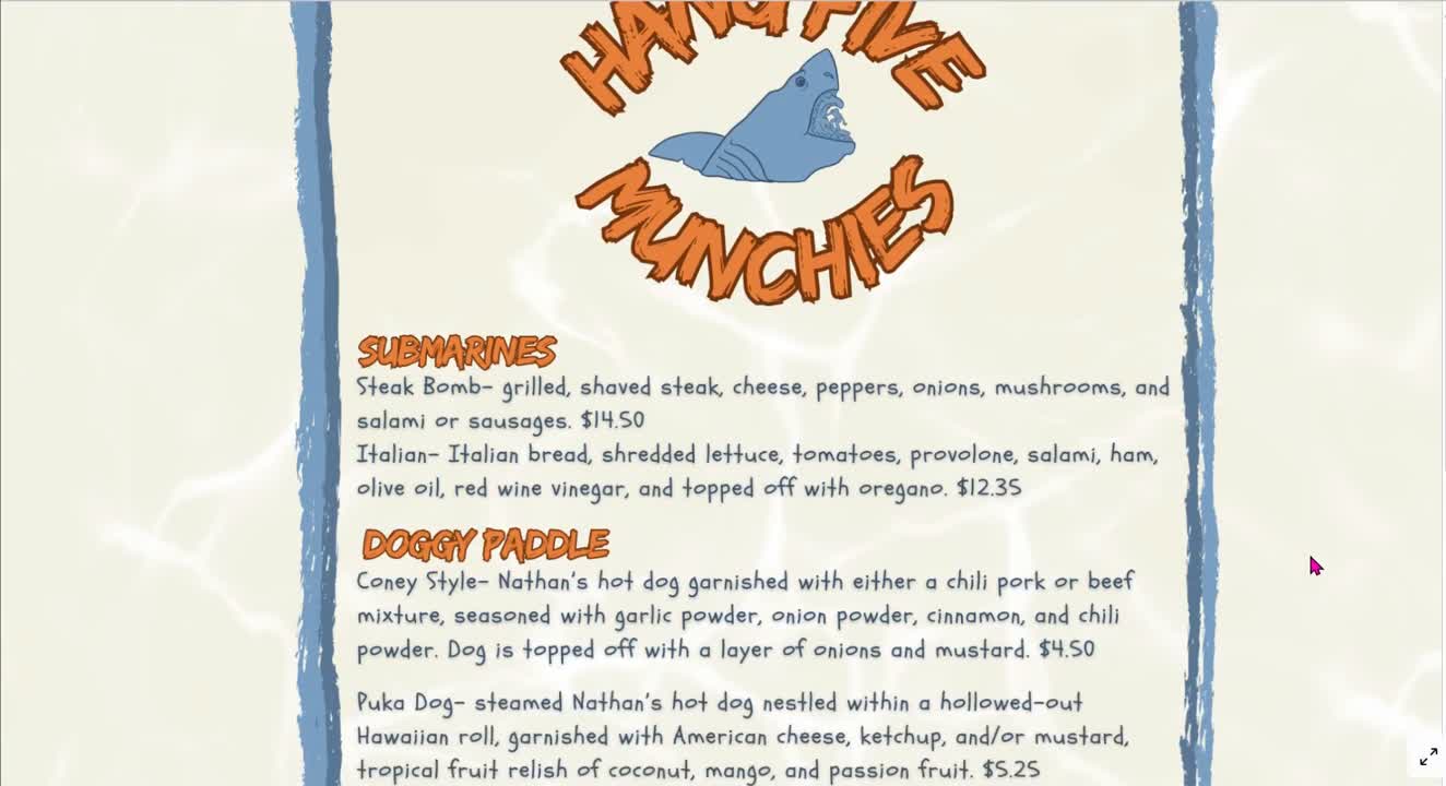 Screenshot of the Hang Five Munchies Canva website